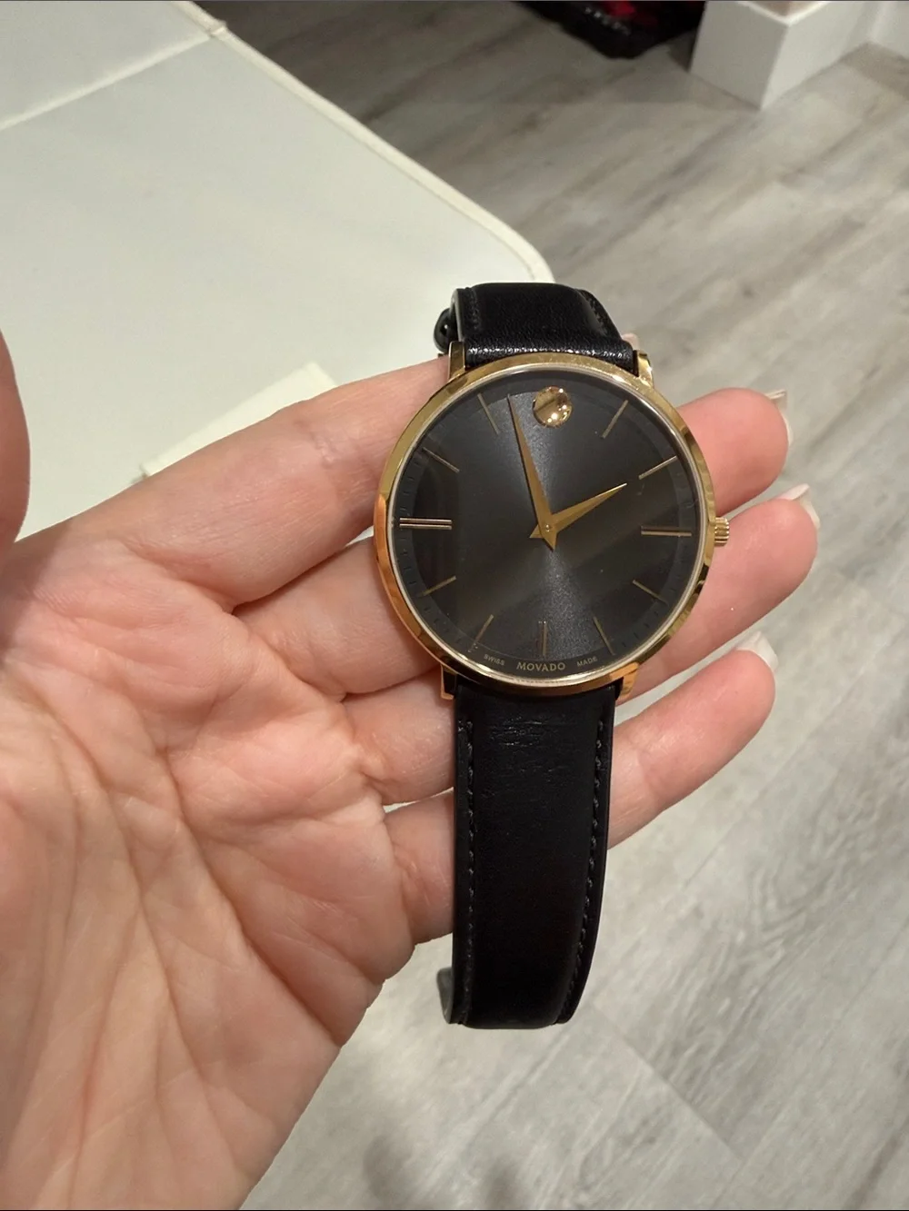 Movado Black Dial Gold-Tone Case Men's Watch with Black Leather Strap